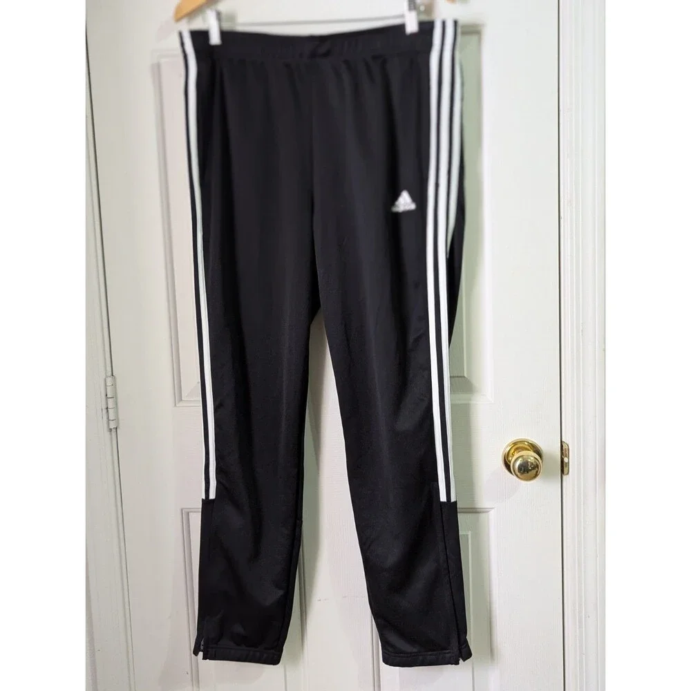 adidas Track Pants Mens XL Black Three Stripe Logo Joggers Drawstring Zip Legs